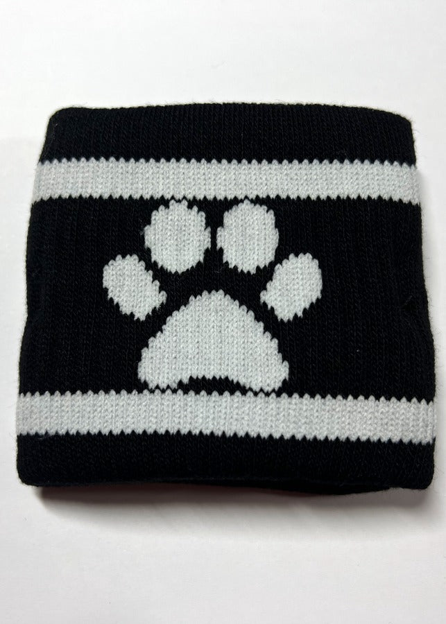 bandeau noir avec empreinte de patte de chien sur l’avant en blanc, avec logo sk8erboy au dos, tricoté pour bras et jambes avec poche intérieure