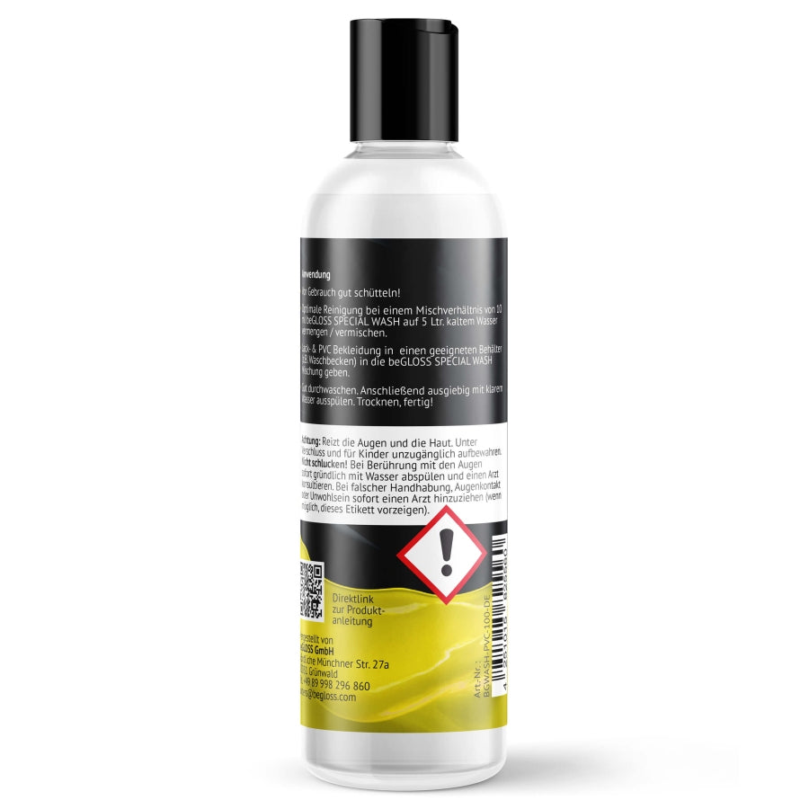 flasche begloss! reinigungsmittel und waschmittel für pvc kleidung und pvc fetisch klamotten in 250ml und 100ml flaschen erhältlich bei sk8erboy gay zum reinigen und pflegen von pvc kleidungsstücken von hinten mit warnhinweisen zu sehen