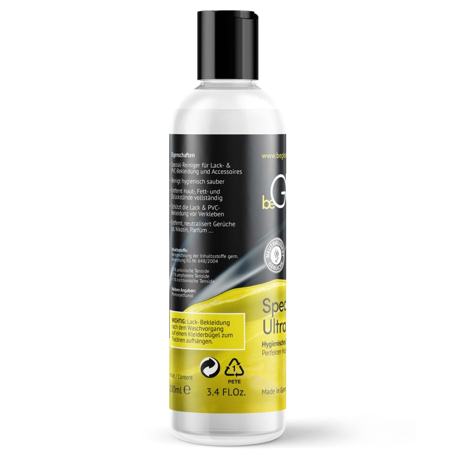 flasche begloss! reinigungsmittel und waschmittel für pvc kleidung und pvc fetisch klamotten in 250ml und 100ml flaschen erhältlich bei sk8erboy gay zum reinigen und pflegen von pvc kleidungsstücken seitlich zu sehen