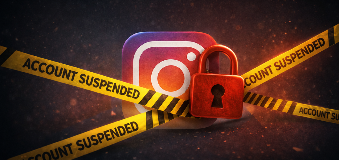 Instagram-Symbol mit Warnband „Account suspended“ und rotem Schloss als Symbol für eine vorübergehende Kontosperrung in sozialen Netzwerken