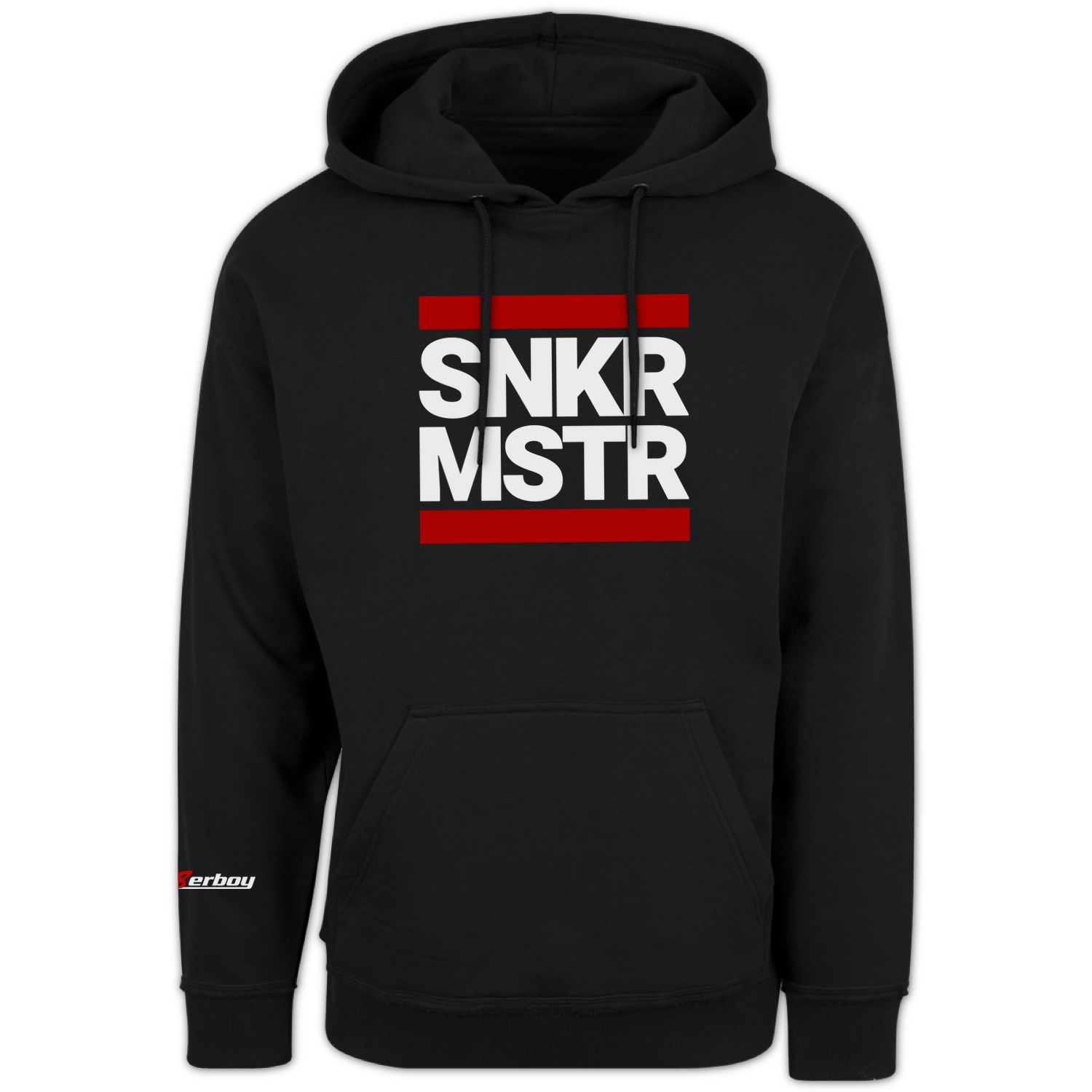schwarzer sk8erboy kaputzen pullover gay fetisch sweat shirt mit logo auf dem arm und SNKR MSTR auf der vorderseite in schwarz weiss rot