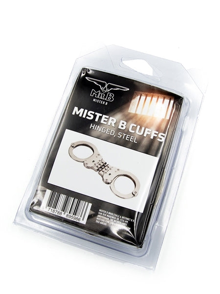 Mister B Handschellen mit starrem scharnier aus vernikeltem Stahl und zwei schlüssel bei sk8erboy im shop für bdsm und gay bondage verpackt
