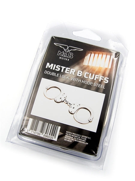 Mister B Handschellen aus vernikeltem Stahl und zwei schlüssel bei sk8erboy im shop für bdsm und gay bondage verpackt