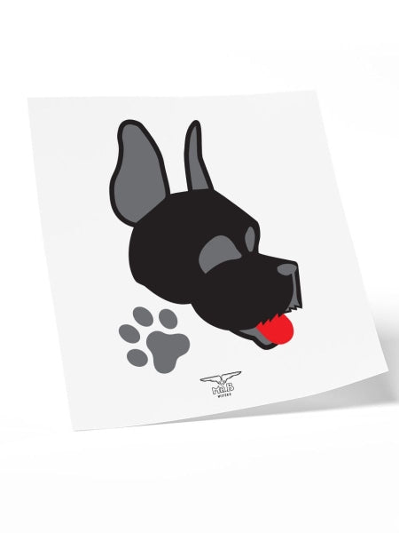 temporäres tattoo von mister b mit einer happy puppy hundemaske und pfote in schwarz und bitch in rot.