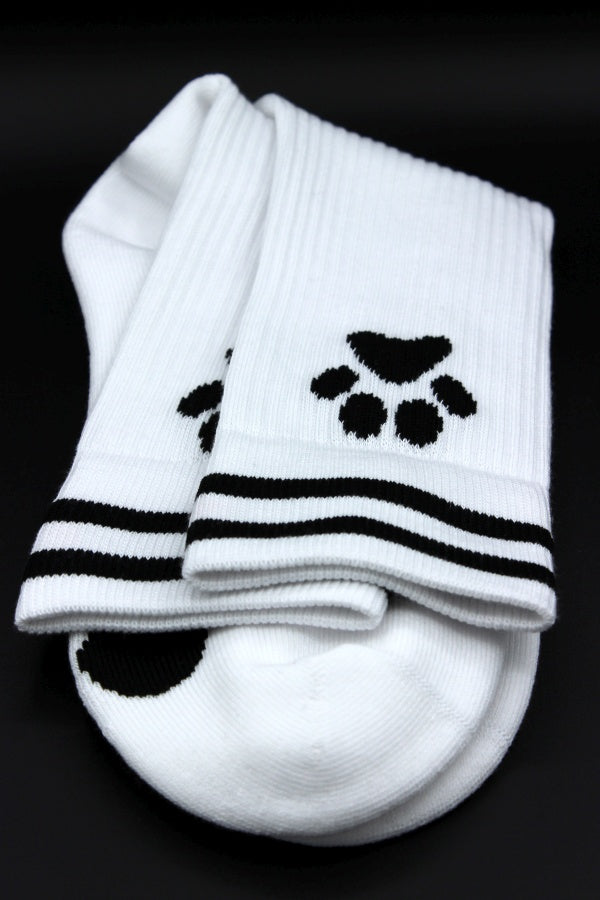 sk8erboy puppy socks socken mit pfote auf der sohle in weiss fuer alle doggys und puppys und verstecktem sk8erboy logo auf der innenseite im bund nahaufnahme